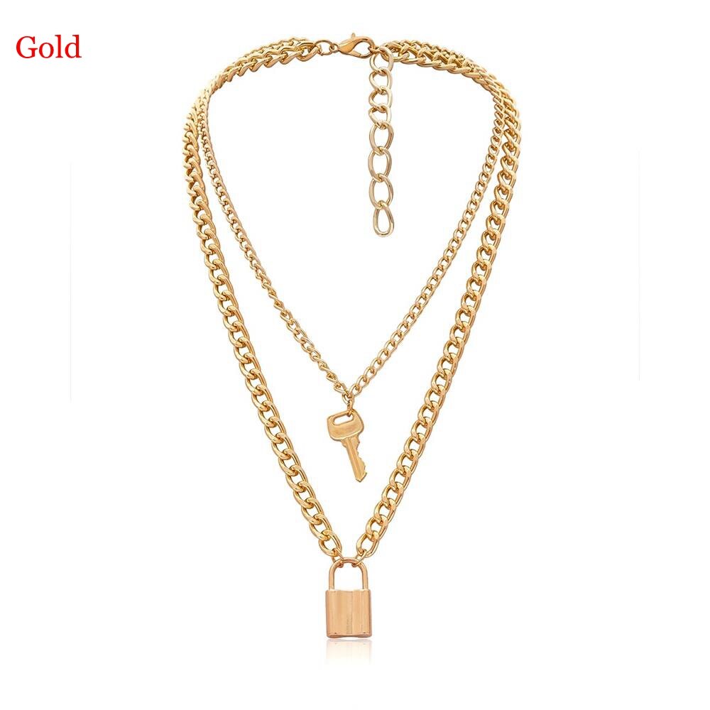 Choker Lock Necklace Layered Chain On The Neck With Lock Punk Jewelry Mujer Key Padlock Pendant Necklace For Women: Gold 1