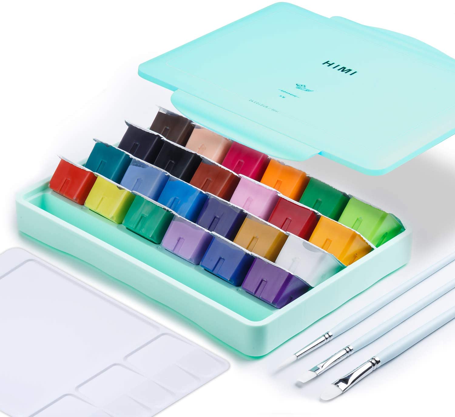 HIMI MIYA Gouache Paint Set 18/24 Colors 30ml Unique Jelly Cup Portable Case with Palette and 3 Paint Brushes For Artist