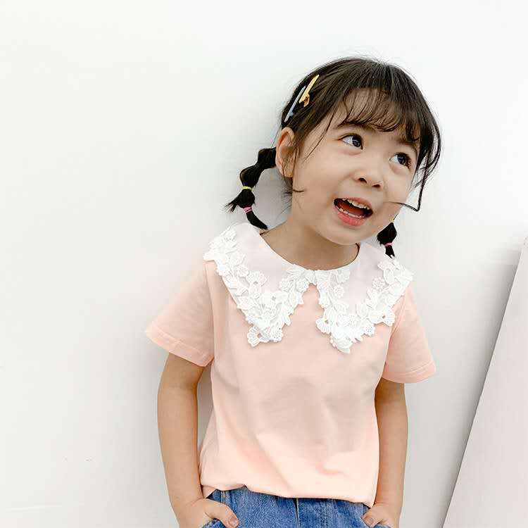 Kinderkleding Zomer Meisjes Kleine Verse Kant Pop Kraag Korte Mouwen T-shirt Baby Casual Wilde Effen Kleur top: Roze / 120cm