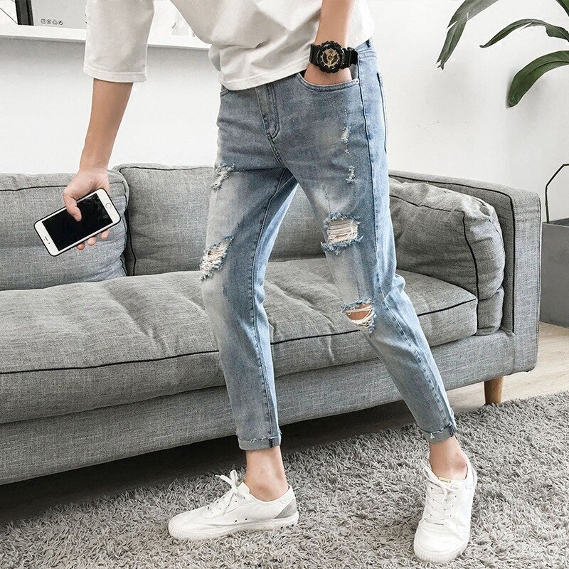 men's ripped jeans Slim fit feet all-match pants Korean style washed trendy beggar teenager pencil pants