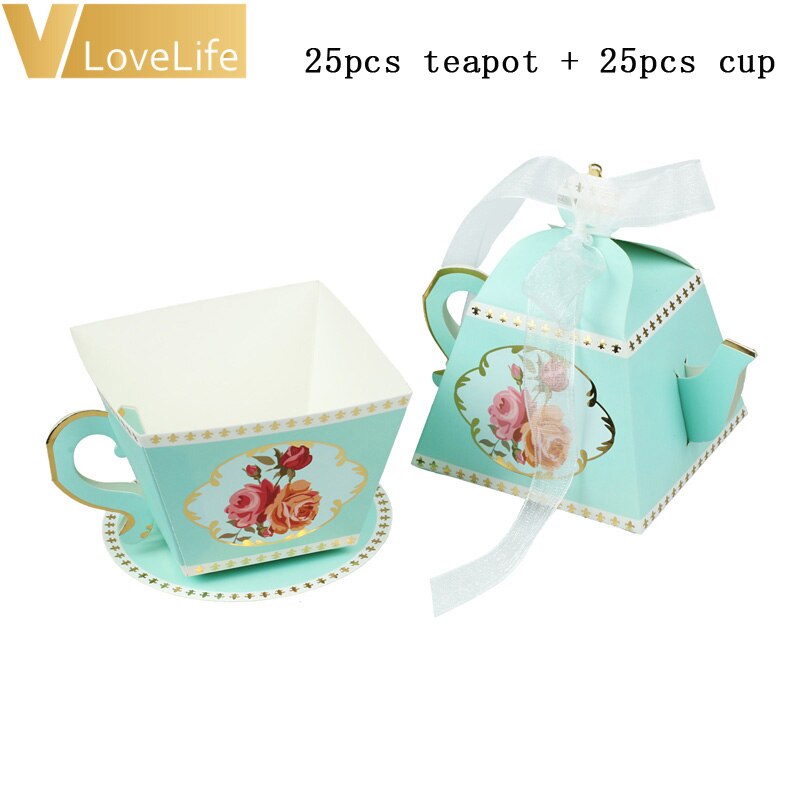 50Pcs Box Tea Party Decorations Tea Cup Teapot Wedding Favor Candy Box Baby Shower Decoration Birthday Party Supplies: blue teapot and cup
