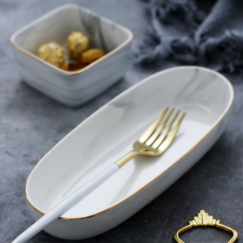 Gold Marble Ceramic Plate Dish Dessert Food Plate Jewelry Ring Necklace Dish Bathroom Vanity Storage Tray Trinket Dish