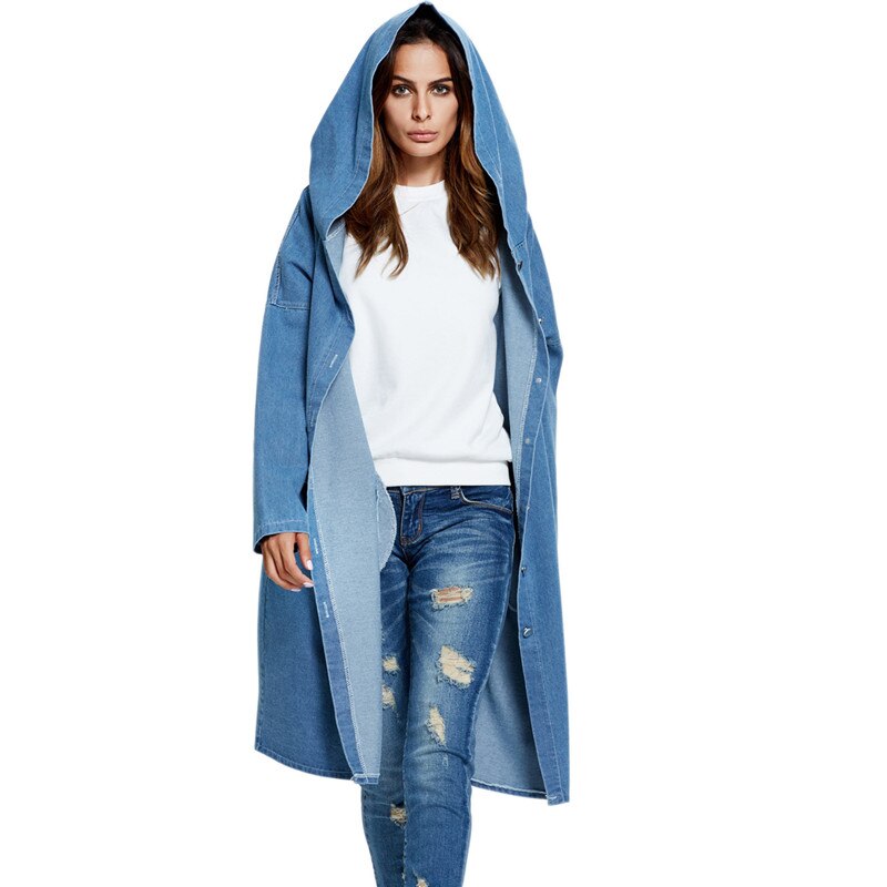 Gabardina vaquera de talla grande para mujer, abrigo largo de manga larga con capucha, rompevientos, básico, informal, primavera y otoño