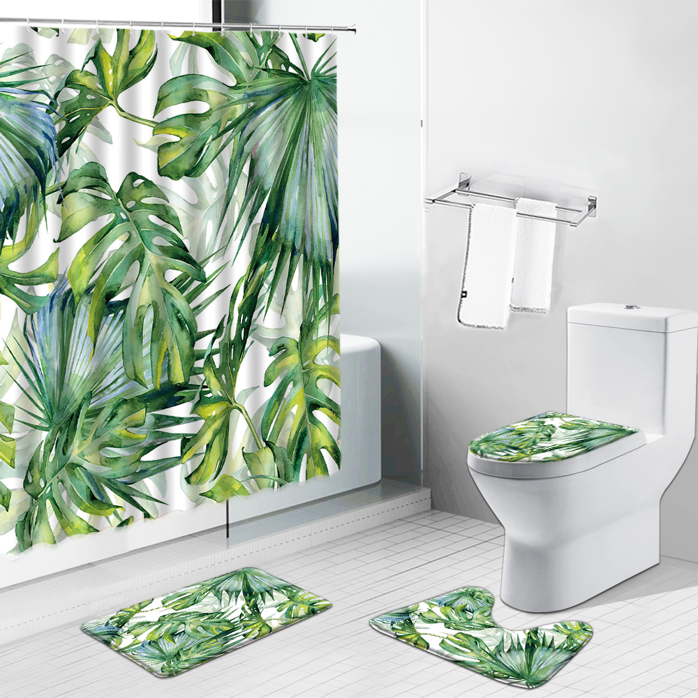 Pianta verde tropicale Monstera tende da doccia tappetino da bagno foglie di fiori scenario tappeto antiscivolo copriwater tappeto Set di decorazioni per il bagno: 4863L-4pcs Set