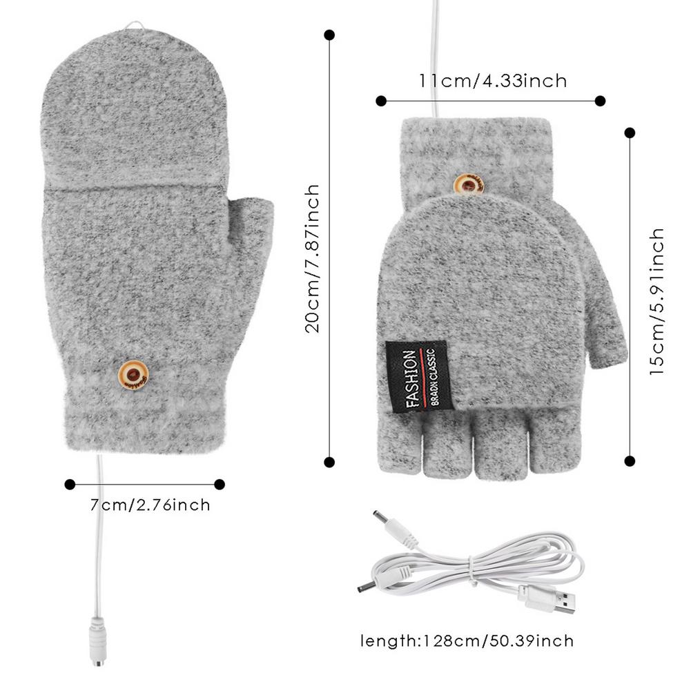 Gants d'hiver demi-doigt Monochrome retournement hiver laine chaleur demi gris sans doigts gants généraux USB chauffage Protection des mains