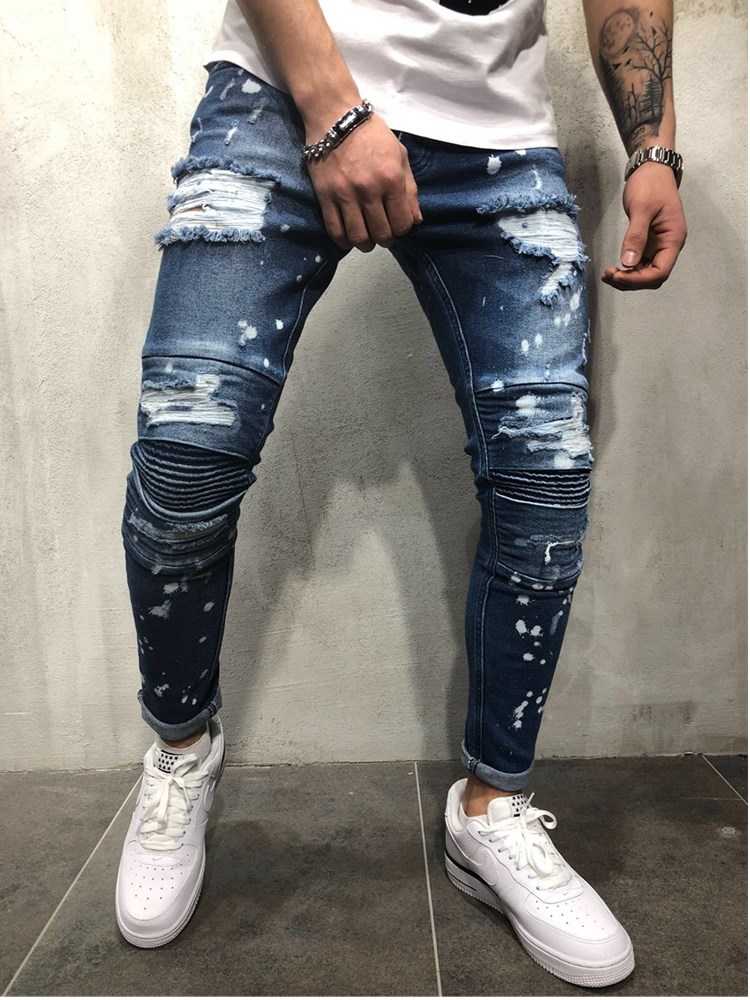Hommes extensible déchiré maigre Moto & Biker broderie impression Jean trou détruit coupe mince Denim crayon Jean vêtements de travail