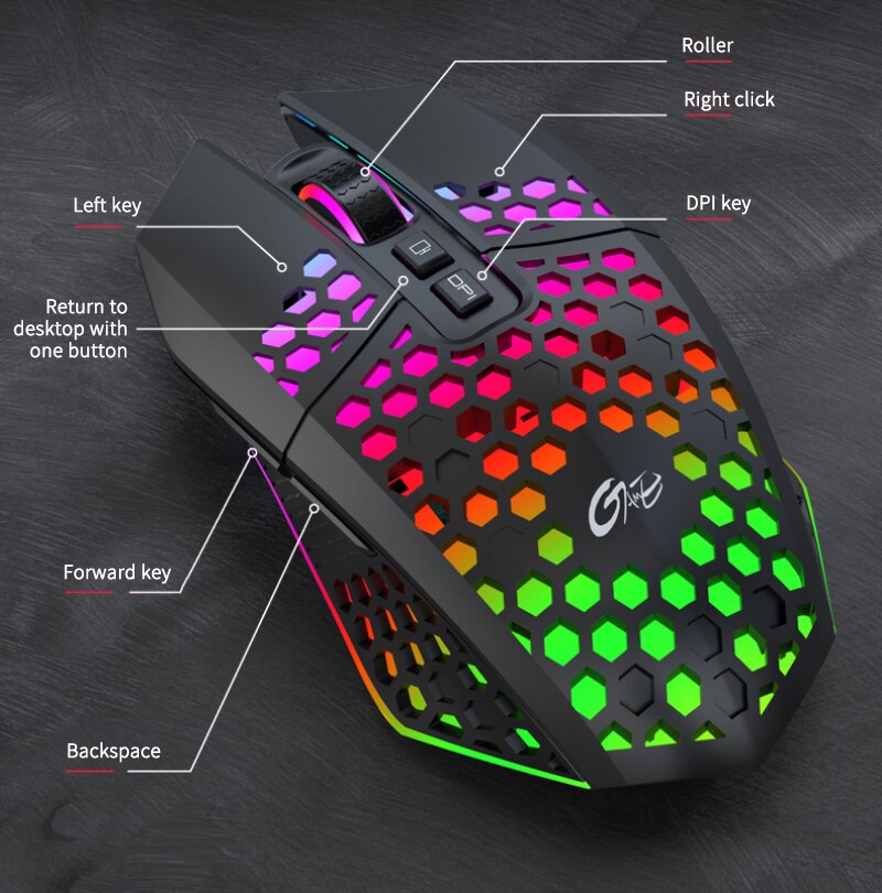 Honeycomb Hollow Ergonomically USB Wireless 8 Buttons Gaming Mouse Three-stage DPI RGB Gaming Mouse X801 Charging Mice