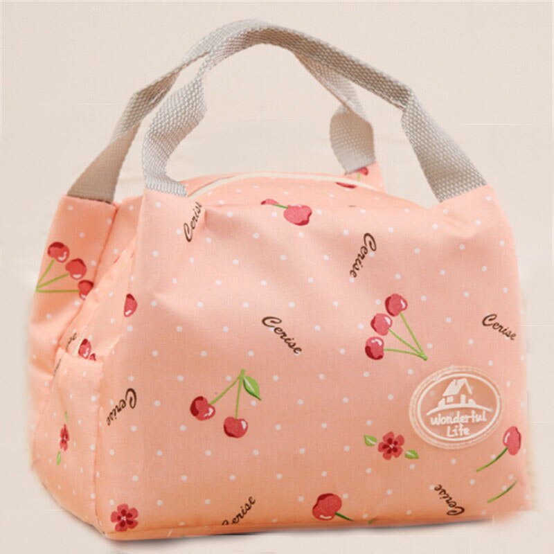 Portable Insulated Oxford Cloth Lunch Bag Thermal Food Picnic Lunch Bags For Women Kids Men Print Lunch Box Bag Tote: pink Cherry