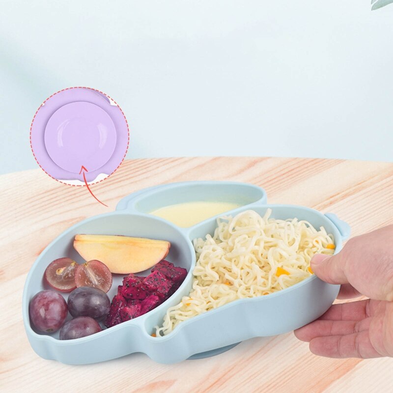 Baby Suction Bowl Divided Dinner Plate Infants Learning Feeding Dish Non-toxic BPA-Free Silicone Solid Color Cute Cartoon