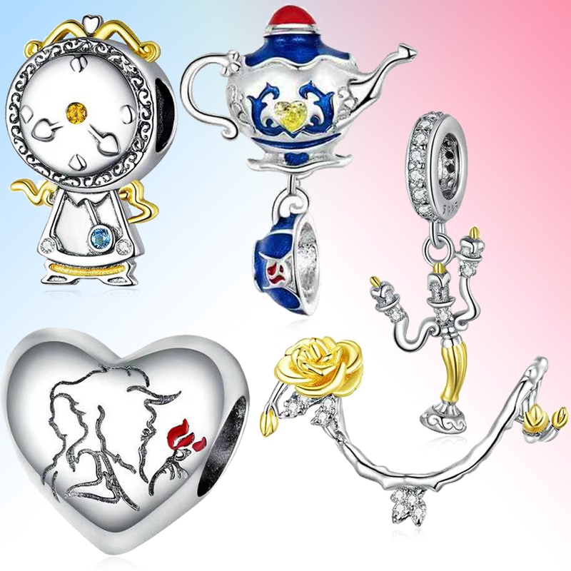 925 Sterling Silver Charm Magic teapot candle alarm clock rose grape vine Love Pendant Bracelet beads jewelry