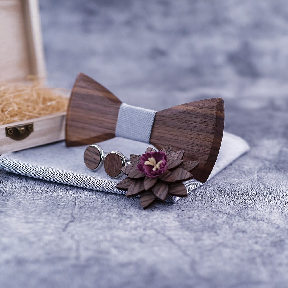 Corbata de lazo Manual madera corbata pañuelo conjunto pajarita de los hombres Grey Color madera hueco tallado y caja de los lazos de los hombres de de boda
