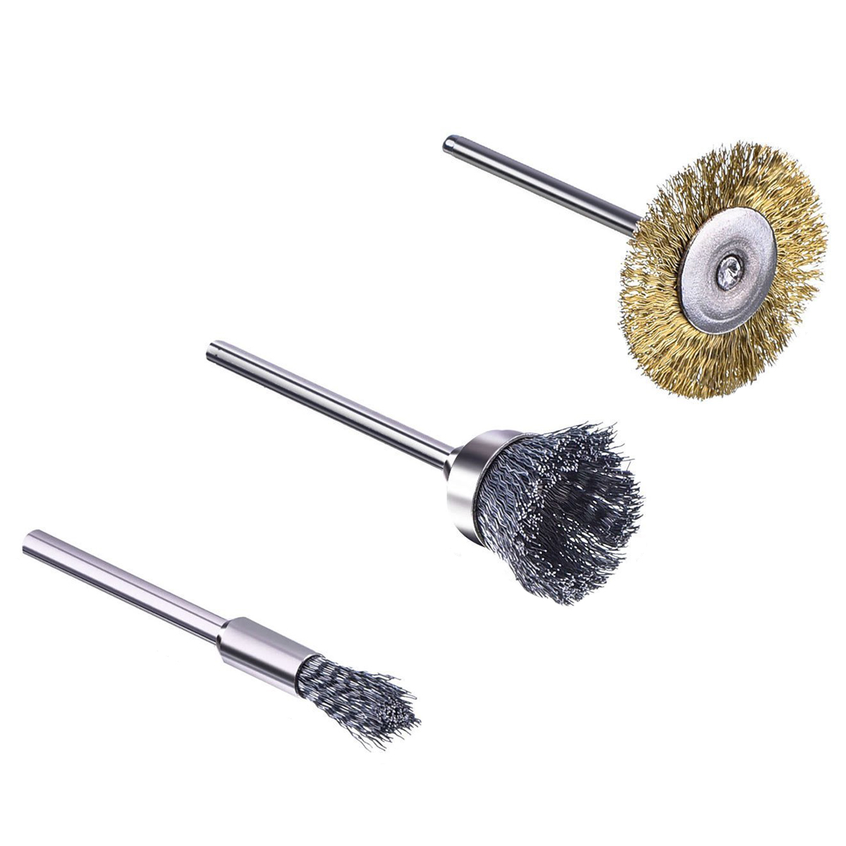 44 stk mini stålbørste hjul kop messing stål stål børste sæt 1/8 tommer  (3mm)  skaft til power dremel roterende værktøj polering buff