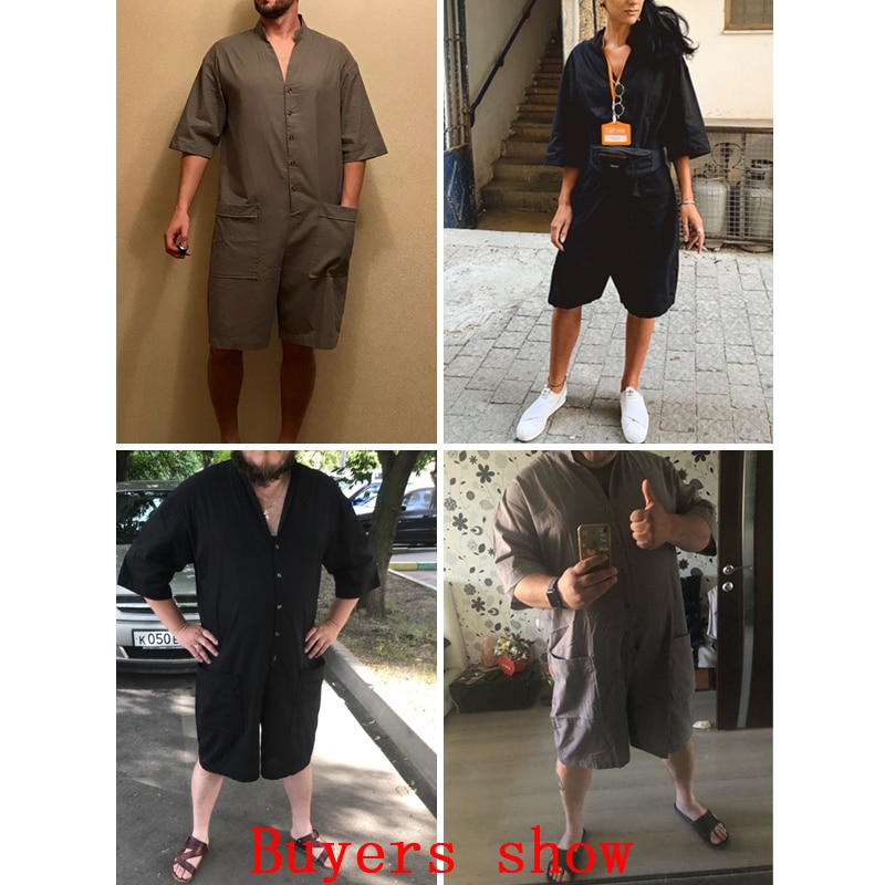 Streetwear Mens Romper Short Sleeve Solid Button Big Pockets Jumpers Vacation Overalls Cargo Suits Casual Rampers Pants