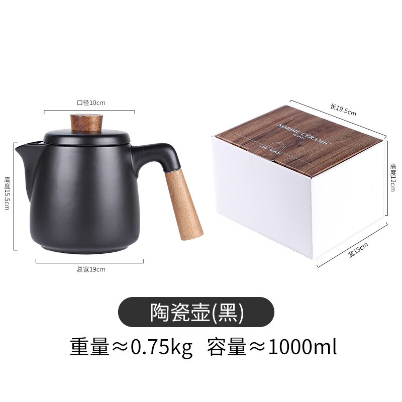 and Simple Japanese Tea Set Ceramic Teapot Wooden Handle Afternoon Tea Set Ceramic Tea Set Fine Bone China Tea Sets: Black single pot
