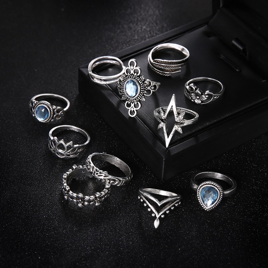 11 pz/set Boho Delle Donne Midi Knuckle Rings Set Per La Femmina di cristallo Della Piuma di Loto star vintage Anello di Barretta di Cerimonia Nuziale Del Partito Dei Monili