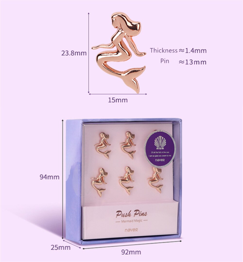 Rose Gold Mermaid Push Pins Decoratieve Thumb Kopspijkers Set van 6 Metalen Markering Tekening Punaises voor Foto Muur Kaart Kurk boards