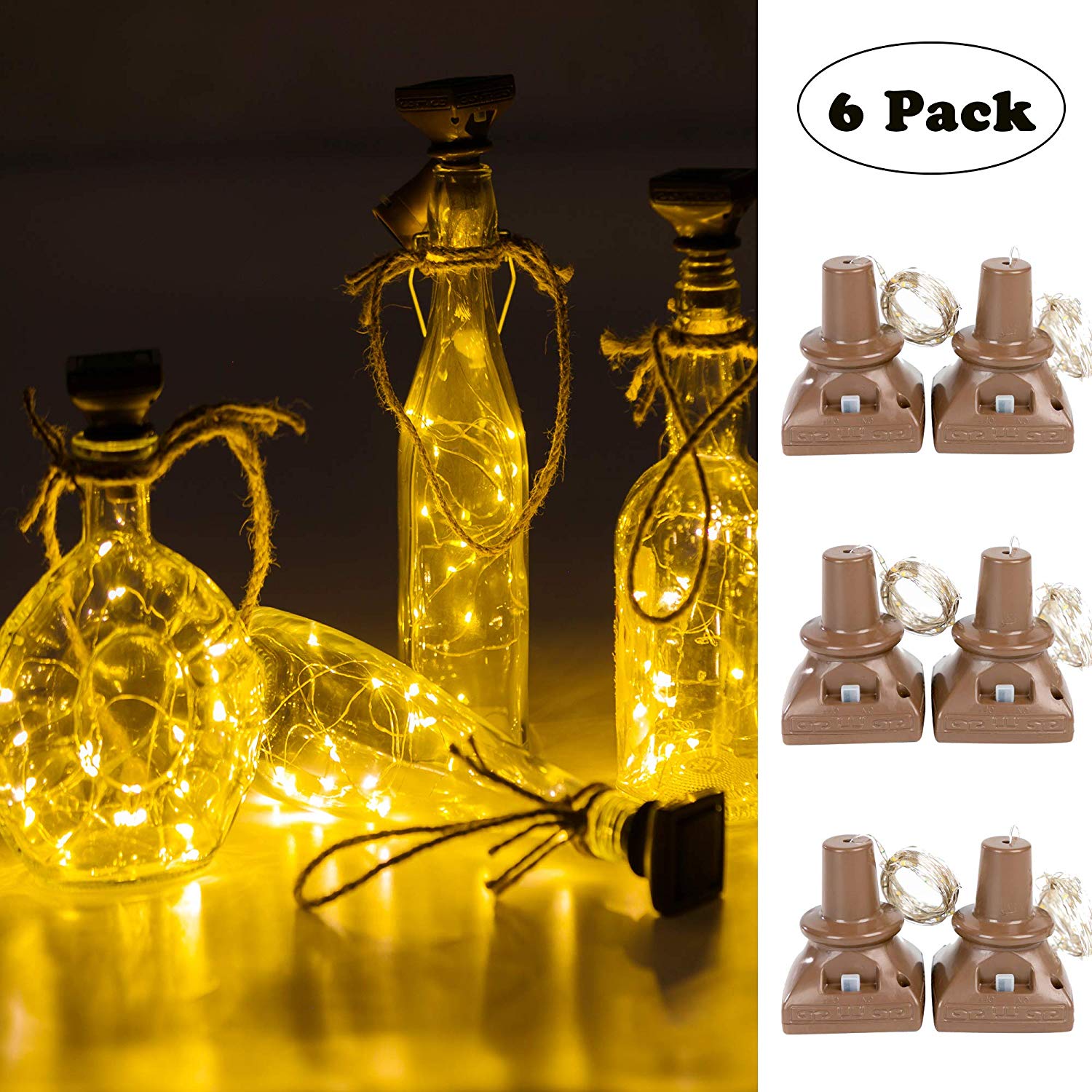 6 stk 20 leds soldrevet vinflaske lys vanntett kobber korkformet lys til bryllup jul / utendørs / / hage