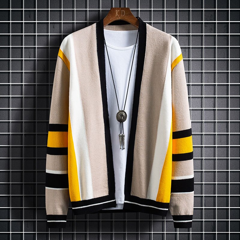 Smuk stribet cardigan mænd strikket bomulds sweater herretøj efterår vinter herre trøjer og cardigans frakke: Khaki / Xl