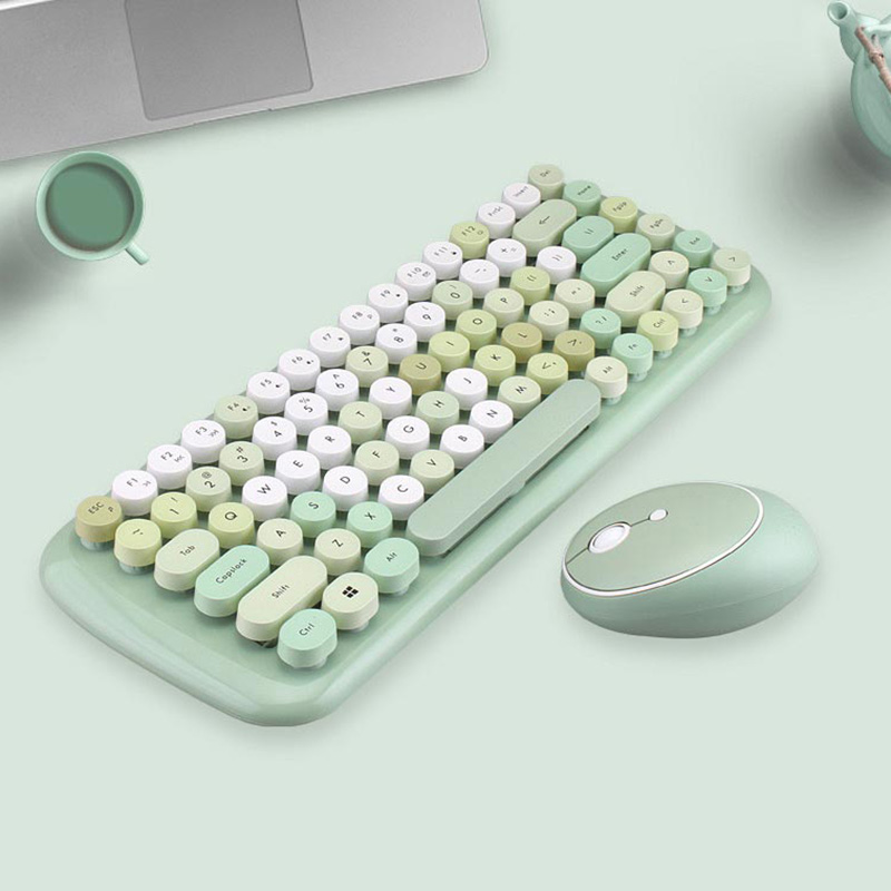 Kit de clavier et souris sans fil 2.4G pour filles, rétro, Vintage, 84 touches rondes colorées, Orange, rose, bleu, vert, pour ordinateur portable,