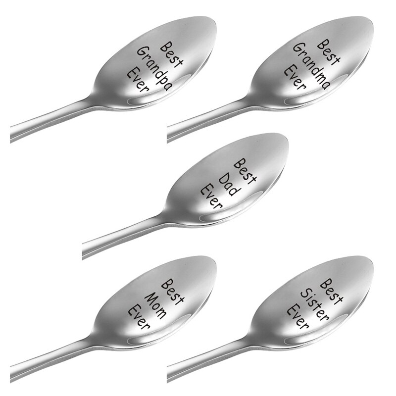 1pc Stainless Steel Smooth Carved Coffee Spoon Teaspoon For Mom Dad Family Stirring Milk Dessert Scoop Tableware 13.1*2.5cm