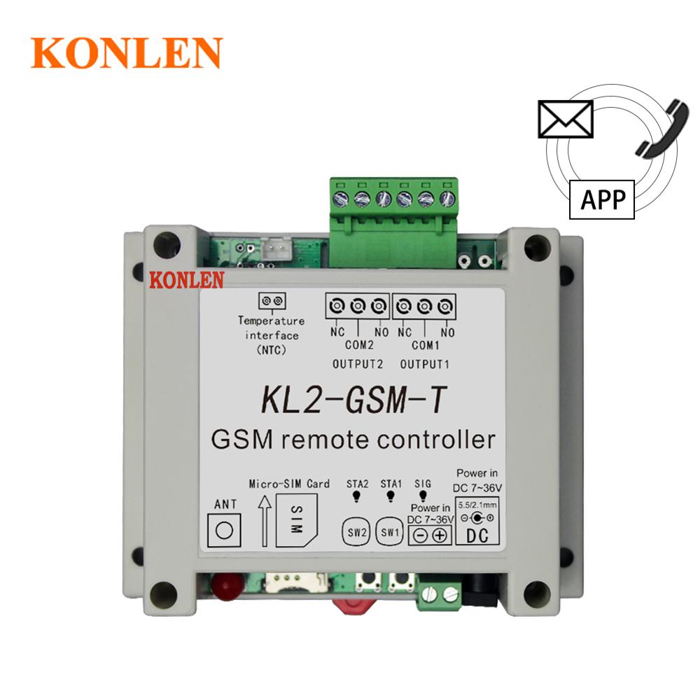 KONLEN-controlador de relé GSM de 2 vías, Sensor de temperatura de llamada SMS, Control remoto, automatización inteligente del hogar, interruptor SIM, abridor de puerta de garaje
