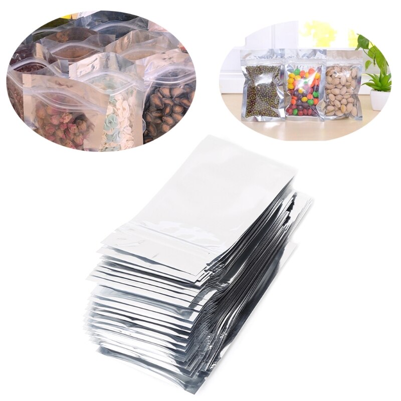 50 sztuk 7x13cm srebrna folia aluminiowa Mylar Recloeable opakowanie strunowe z przejrzystym przodem szczelna utrzymać ciepłe zatrzymywanie ciepła