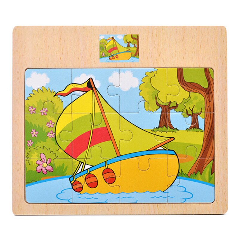 12 stuks Cartoon Puzzel Houten Speelgoed Dier/Voertuig/Motorfiets Hebben Referentie Foto Kids Educatief Kids speelgoed: sailboat