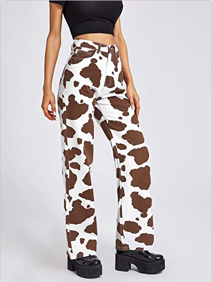 Jeans droits pour femmes, pantalon décontracté de Style coréen à motif de peau de vache sauvage, taille haute, tendance, Streetwear quotidien pour toutes les saisons: Brown / L