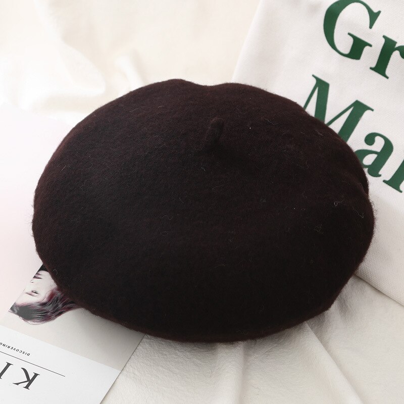 Vintage Baret Hoed Vrouwen Franse Mode Warme Wollen Meisjes Mutsen Baretten Schilder Hoeden Winter Effen Kleur Elegante Dames Caps Motorkap: Dark Brown