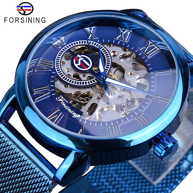 Forsining 3D squelette Royal rétro noir cadran doré montre mécanique bleu maille acier inoxydable bracelet lumineux montre-bracelet: GMT104011