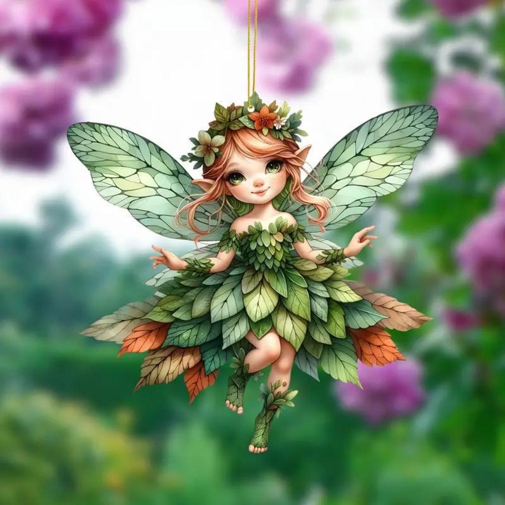 2d akrylgrønne alv-anheng blomsterfe-anheng små friske bilanheng tegneserie søt alv bil bakspeildekorasjonsanheng: Brun