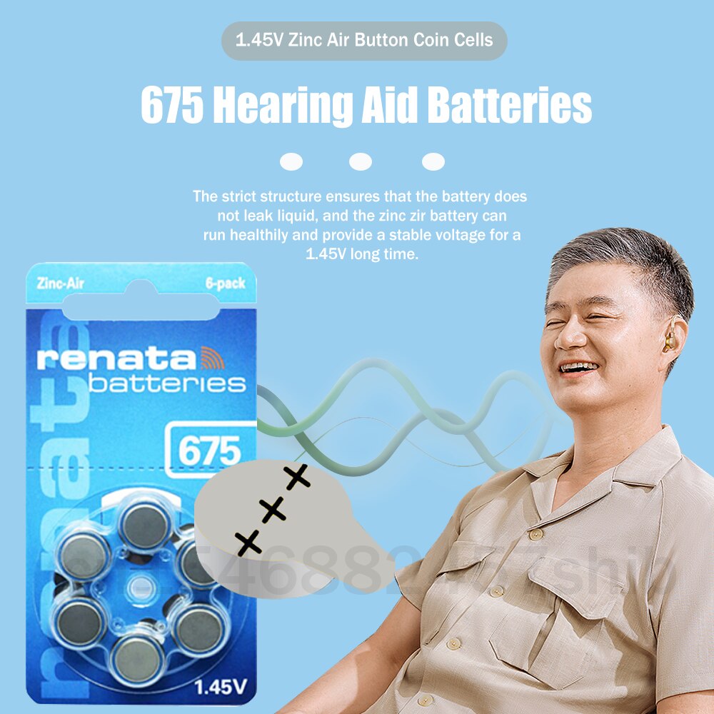 12-120ps 100% Original Renata 675 A675 675A PR44 1.45V 660mAh Zinc Air Battery For Hearing Aid Audiphones A675 Button Coin Cells