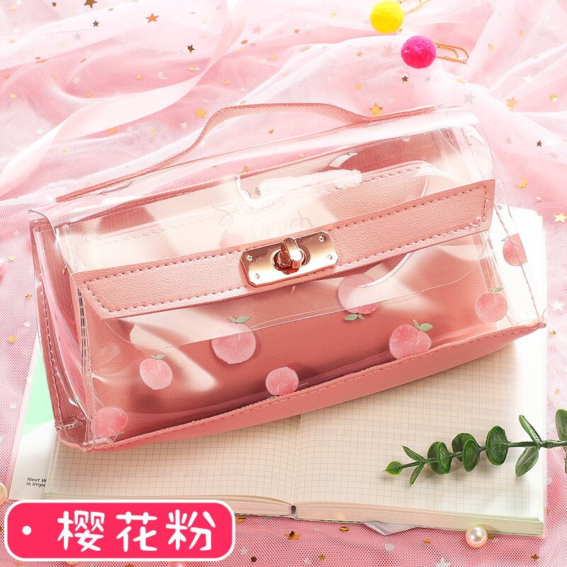 Storage Pen Case Handle Pencil Bag Transparent Pouch School Supplies Stationery Pencil Holder Rulers Organizer Pink Cosmetic Bag: light pink