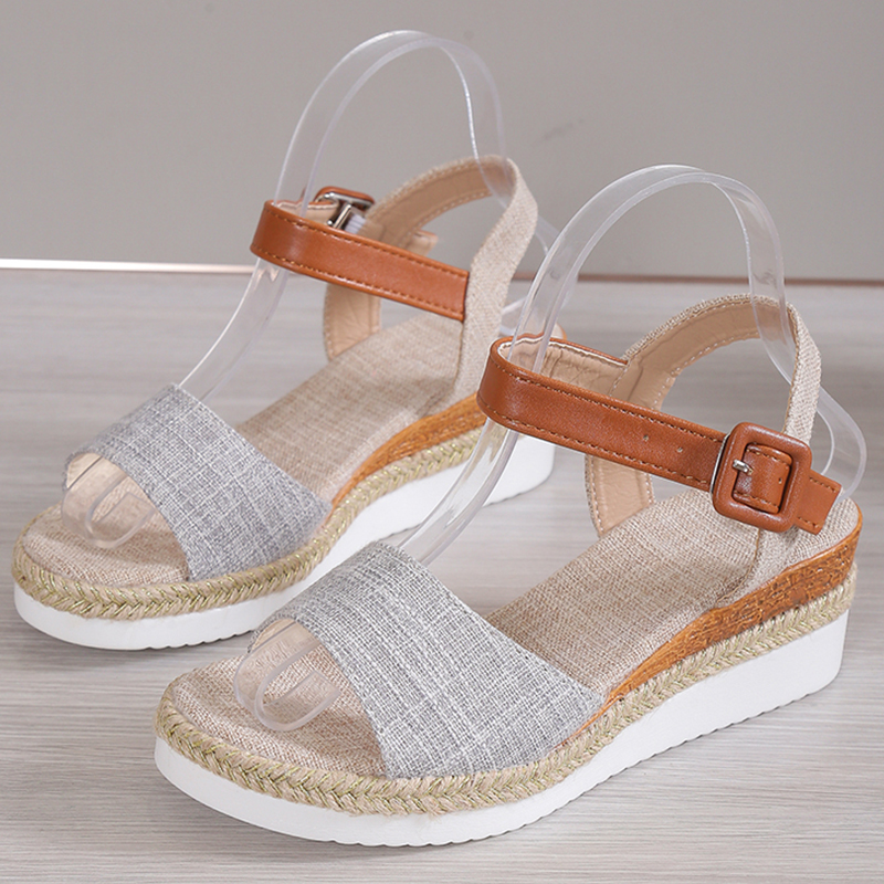 Sandalias de Mujer, Sandalias de tacón con cuña y Punta abierta, zapatos de verano 2025, Sandalias de plataforma baja para Mujer, zapatos de tacón de cáñamo antideslizantes: Gris / 42