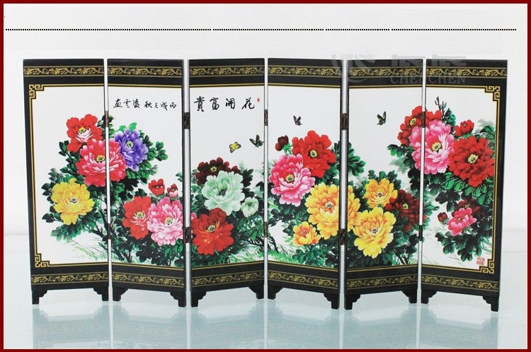 (Mini) Exquisite Chinese Klassieke Lak Schilderen Kamerscherm Van Mooie Bloeiende Pioen Bloemen