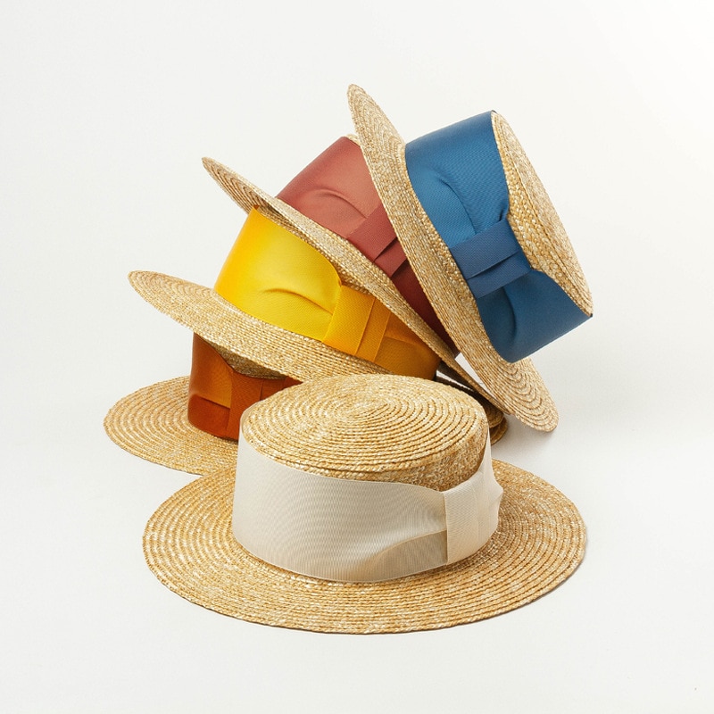 100% Wheat Straw Timeless Grosgrain Ribbon Decorated Canotier Boater Flat Top Sun Hat