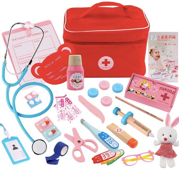 Pretend doctor nurse play toy wooden role play set Durable Nurse Injection Tool Wooden Simulation Medicine Box Study Case: A