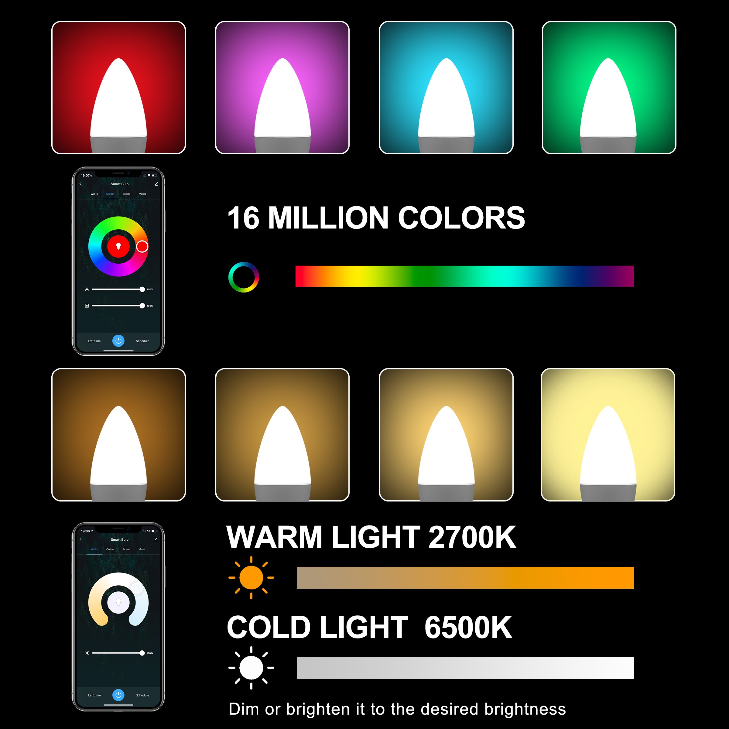 Tuya smart wifi led-pære 4w,  dimbar smart lyspære  e14 rgb 16 millioner farger, kompatibel med alexa google home smart life