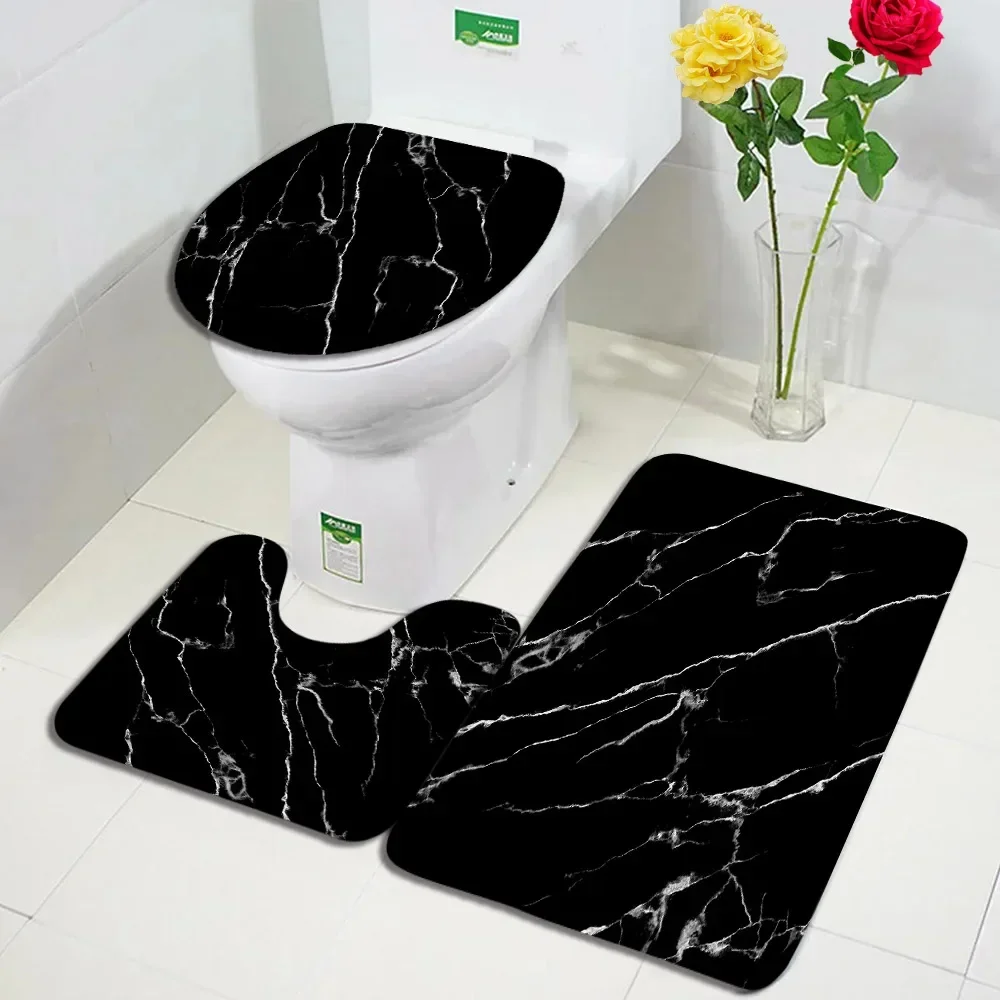 Abstract Black White Marble Bath Mat Set Geometric Texture Modern Carpet Home Bathroom Decor Non-slip Rugs Toilet Cover