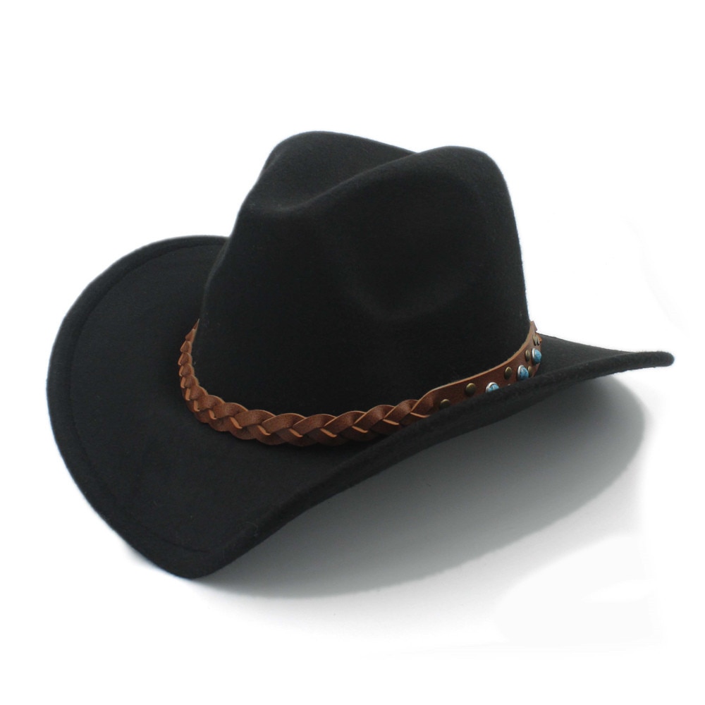Luckylianji uldfilt vestlig cowboy hat til barn barn bred skygge cowgirl kallaite fletning læderbånd (størrelse :54cm, juster reb)