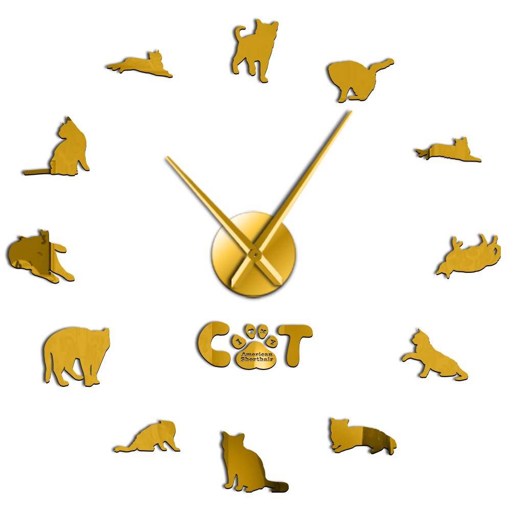 Amerikaanse Korthaar Kat Rassen Met Spiegel Numbers Stickers Wall Art Klok Horloge Kitty Dieren 3D Diy Acryl Wandklok: Gold / 47inch