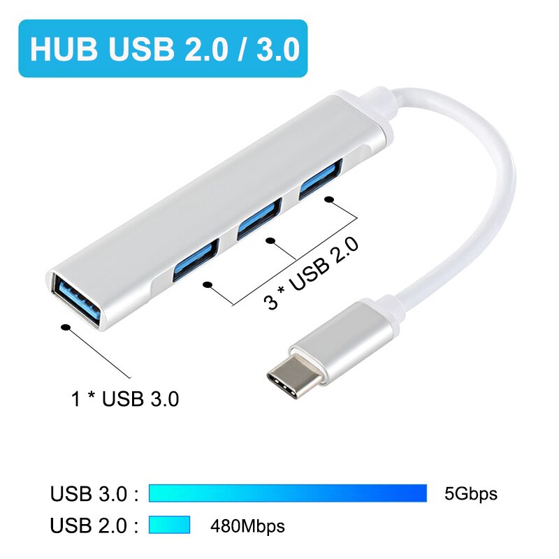 Hub USB 4 Ports USB 3.0 Type C Hub Multi Adaptateur Répartiteur Haute Vitesse jusqu'à 5 Gbit/S Pour PC Ordinateur Accessoires USB 3.0 2.0 Ports