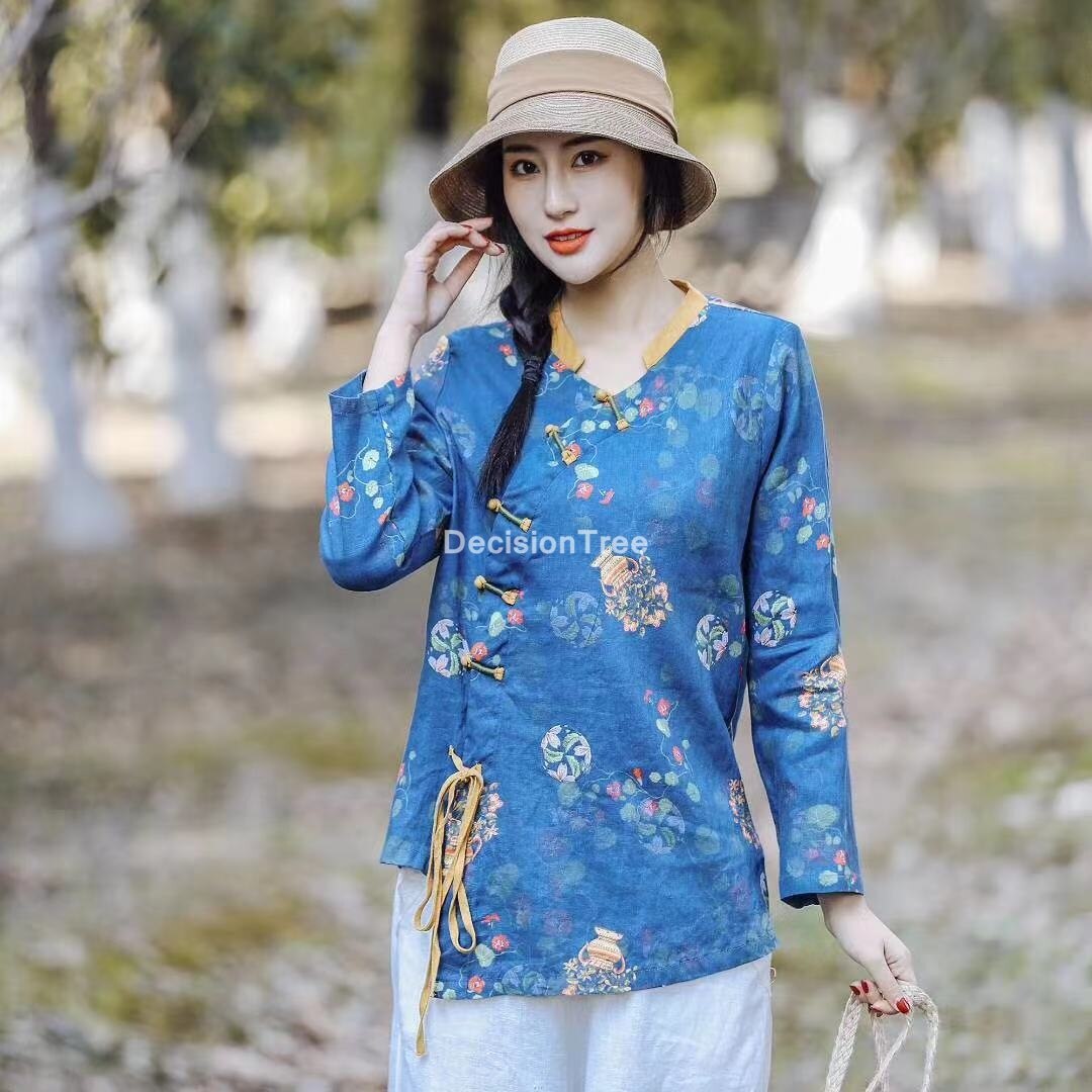 2022 woman traditional chinese qipao top cotton linen half sleeve bow hanfu tops chinese casual vintage tang suit shirt: color2
