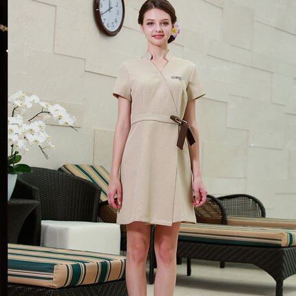 sommer Neuesten Spa Kleidung Schönheit Salon Arbeit Uniformen Krankenhaus V-ausschnitt Kurzarm Krankenschwester Uniform: Beige / XXL