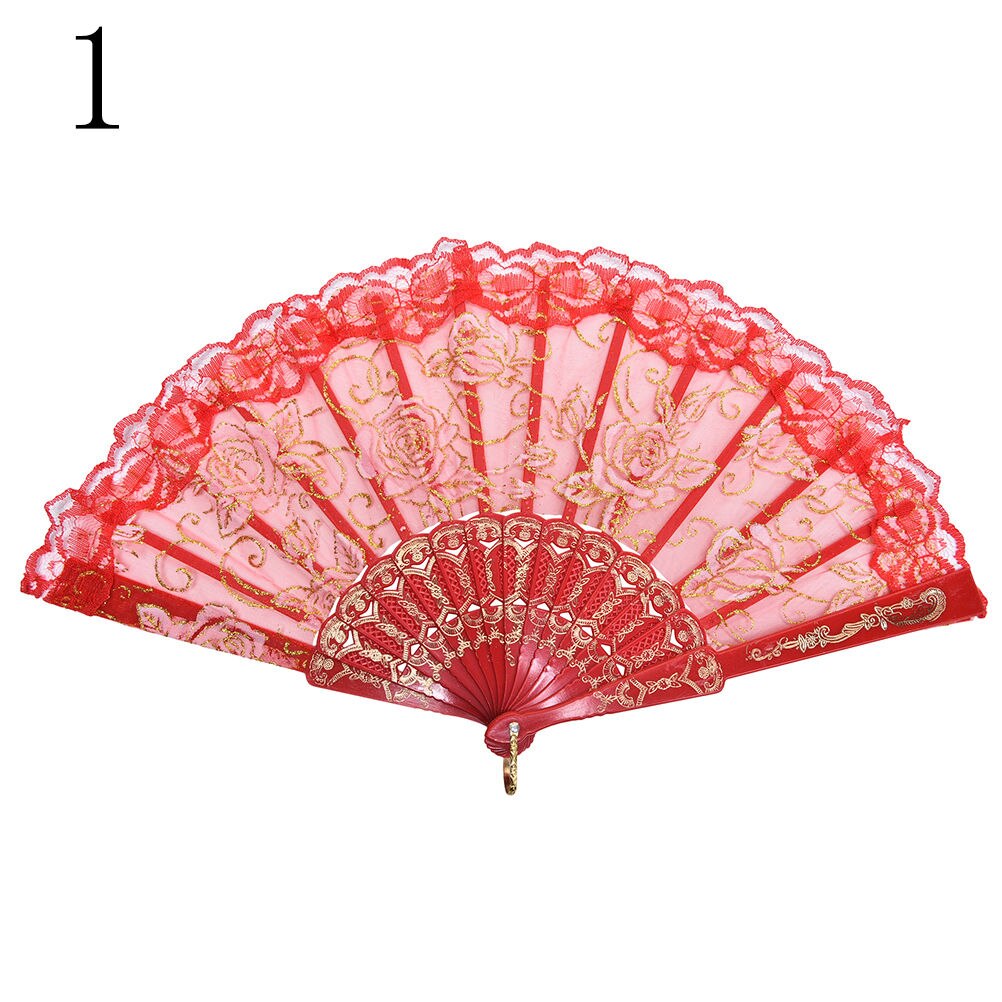 Abanicos de flores para de boda, accesorios para baile de graduación, abanico de verano de encaje de tela española de seda plegable, baile de mano en 10 colores: Red