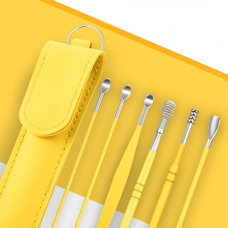 Juego de 6 unidades de limpiador de oídos, removedor de cera de los oídos, cuchara para los oídos, cureta, limpieza de los oídos, palillo en espiral, fácil eliminación de cera de los oídos: YELLOW