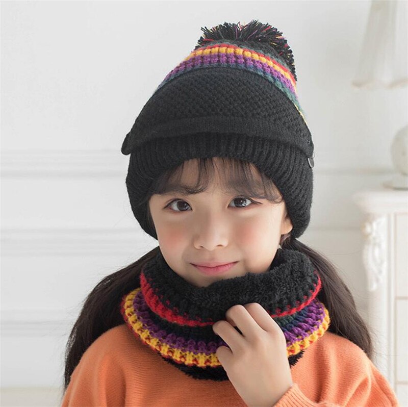 Girls Winter Knit Hat And Scarf Set Child Plush Warm Pom Pom Cap Scarves With Mask Big Kids Stripe Circular Scarf Hat 4-12T: Black