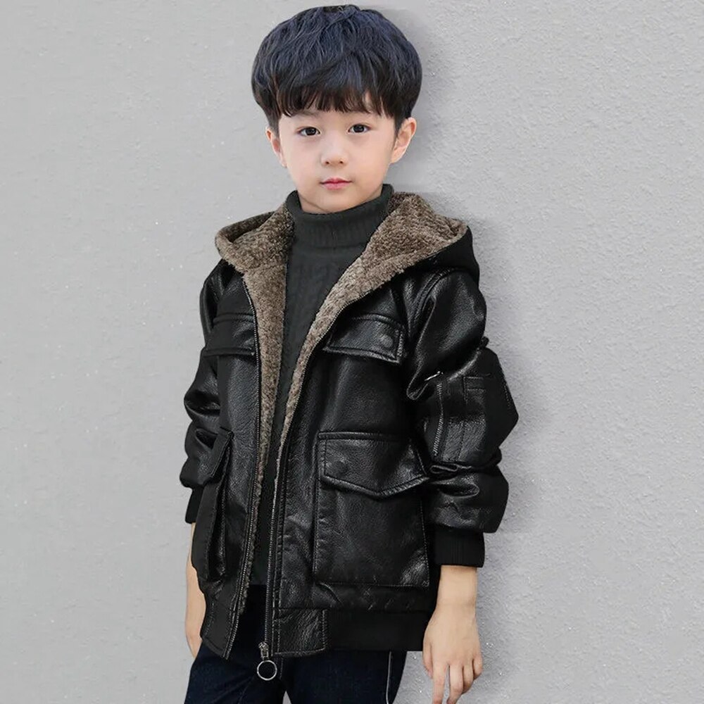 4-15 Jaar Jongens Winter Pu Leren Jas Jas Dikke Fleece Hooded Zwart Chidlren Bovenkleding 2022 Tiener Jasje voor Jongen 12: 5T