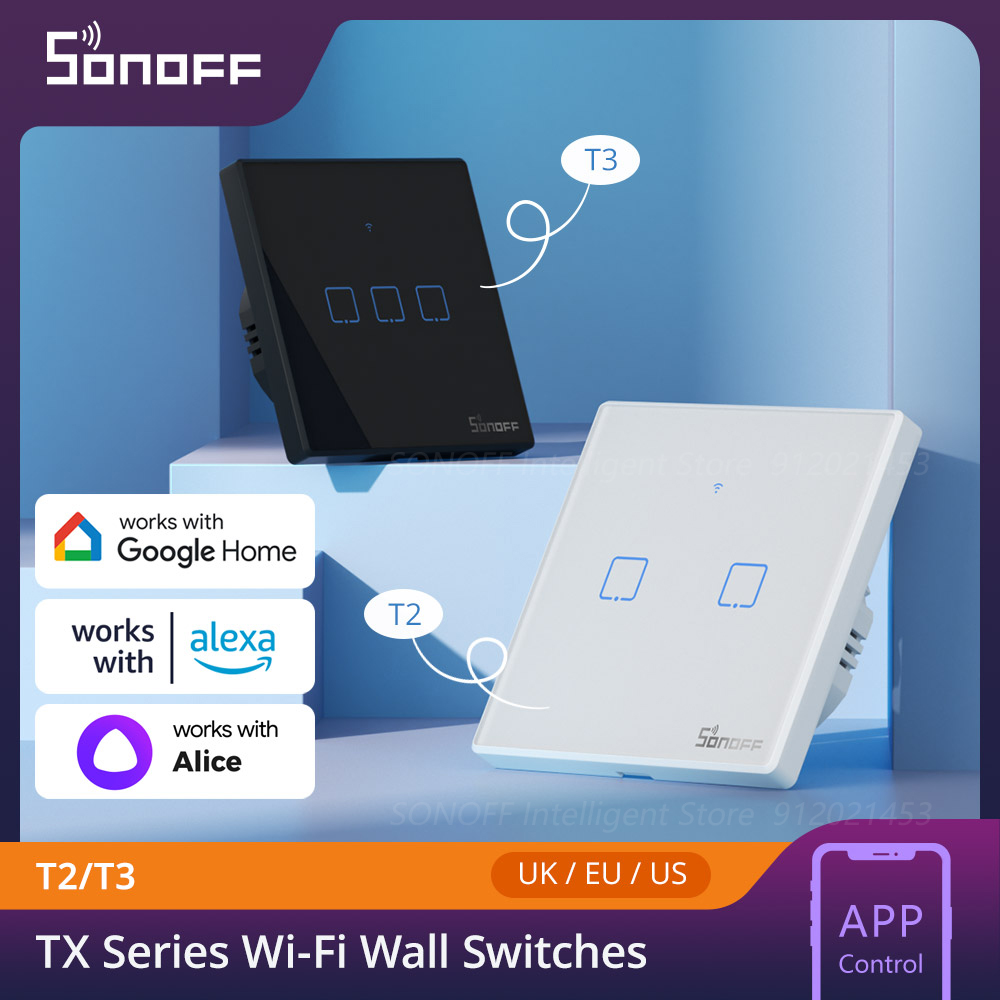 SONOFF TX T2/T3 UE/REINO UNIDO/EE. UU. Wifi/433mhz RF Interruptor táctil de pared inteligente 1/2/3 Gang Control remoto Wifi interruptores de luz para hogar inteligente