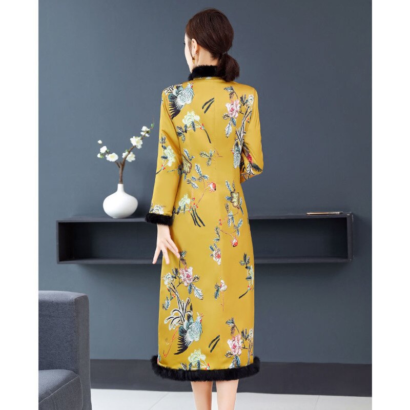 Yellow Print Mid-length Slim Qipao Chinese Dress Women Hanfu Traditional Oriental Robe Winter Thicken Warm 2022 Cheongsam